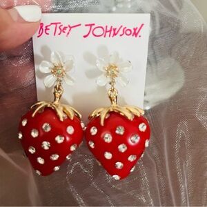 Betsey Johnson Red Strawberry Earrings with Crystal Accents